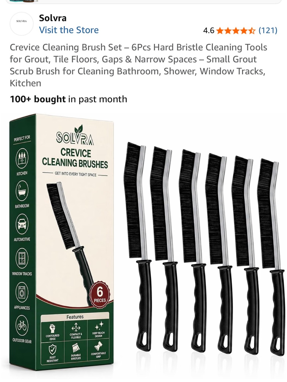 Solvra Crevice Cleaning Brush Set - 6Pcs Hard Bristle